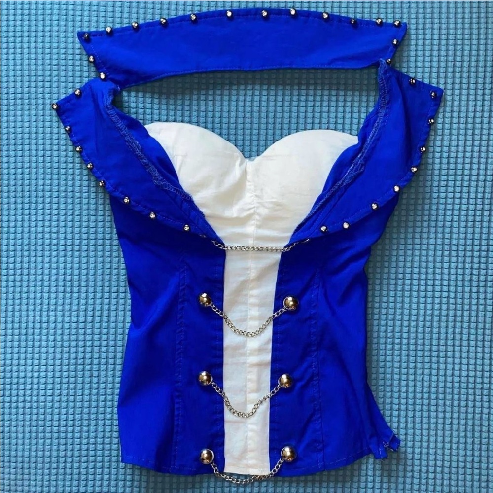 Blue and White Halter Top with Chain Detail